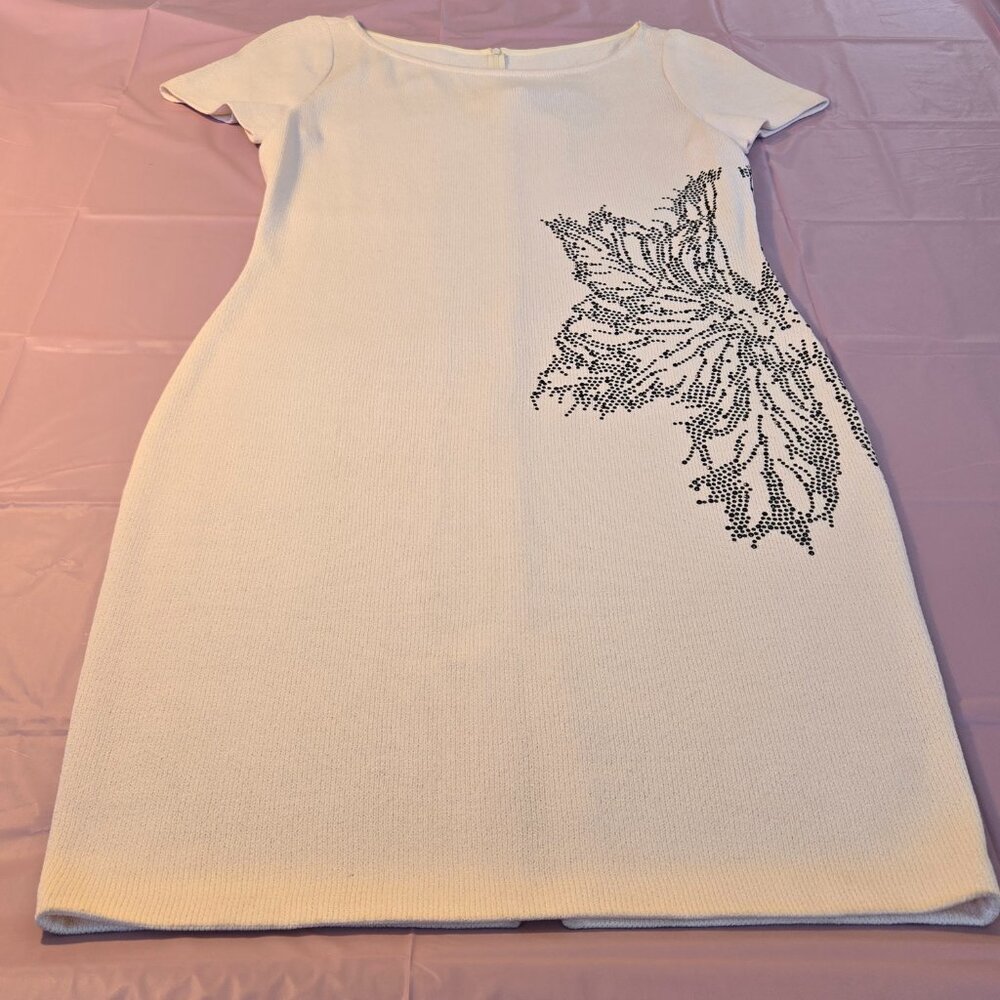ST JOHN Elegant White Sheath Dress with Black Rhinestone Floral Design (NWT)